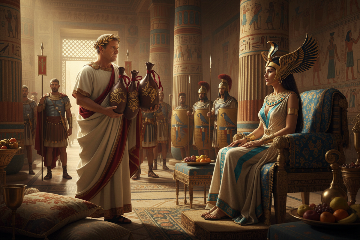 Two figures in ancient Egyptian attire in a ceremonial setting with attendants and decorative elements.