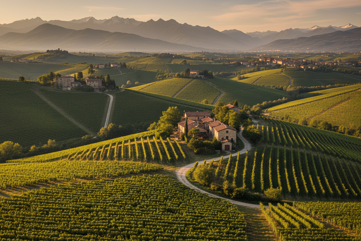 Wine grapevines on terraced hills with a mountain range in the background